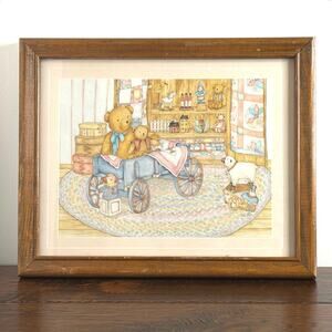 “Teddies in the Wagon” Framed Print by Debi Hron 11"x9" Vintage